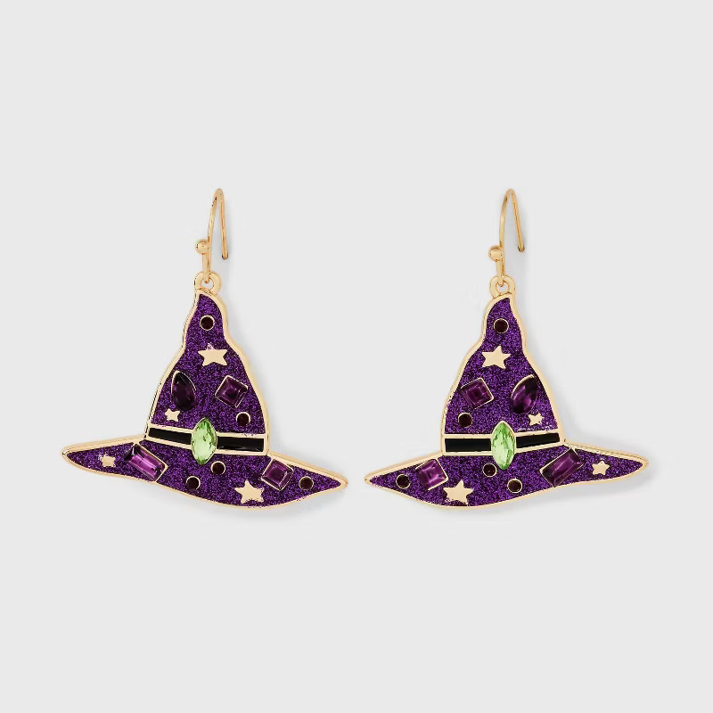 Halloween Encrusted Stone Witch Hat Drop Earrings - Purple | Target