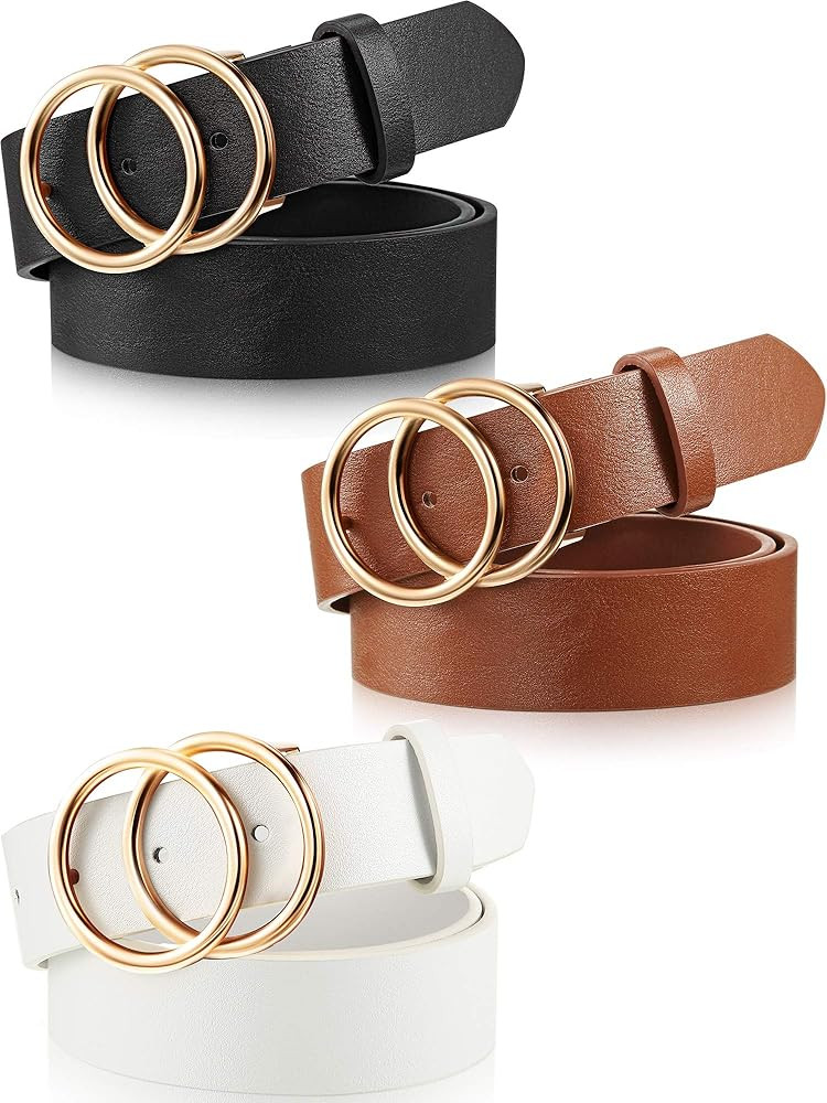 3 Pieces Women Leather Belt for Jeans Dress Waist Belts with Double Ring Buckle | Amazon (US)