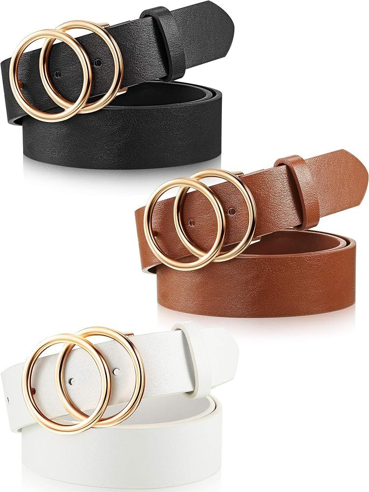 3 Pieces Women Leather Belt for Jeans Dress Waist Belts with Double Ring Buckle | Amazon (US)