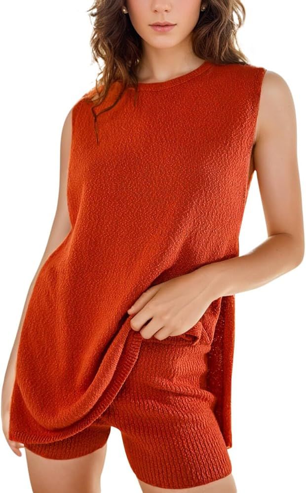 Women's 2 Piece Outfits Summer Sweater Set Sleeveless Knit Sets Two Piece Women Summer Outfits Sh... | Amazon (US)