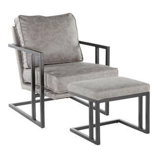 Grey Faux Leather and Black Metal Roman Industrial Lounge Chair with Ottoman | The Home Depot