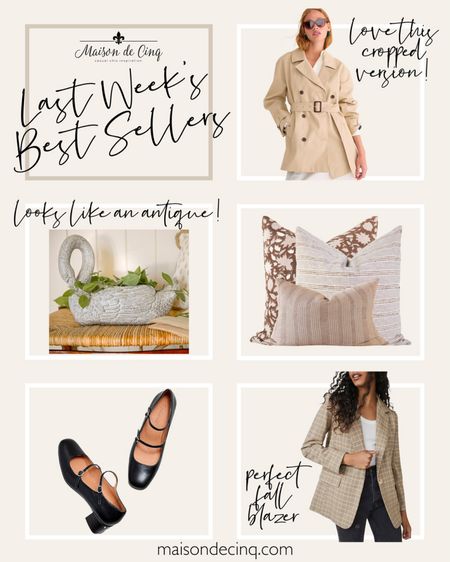 This week’s best sellers include the chicest cropped trench coat, on-trend Mary Jane’s, perfect fall blazer and more!

#homedecor #falldecor #falloutfit #throwpillows #fallshoes #jcrew #madewell #nordstrom 

#LTKunder50 #LTKhome #LTKover40