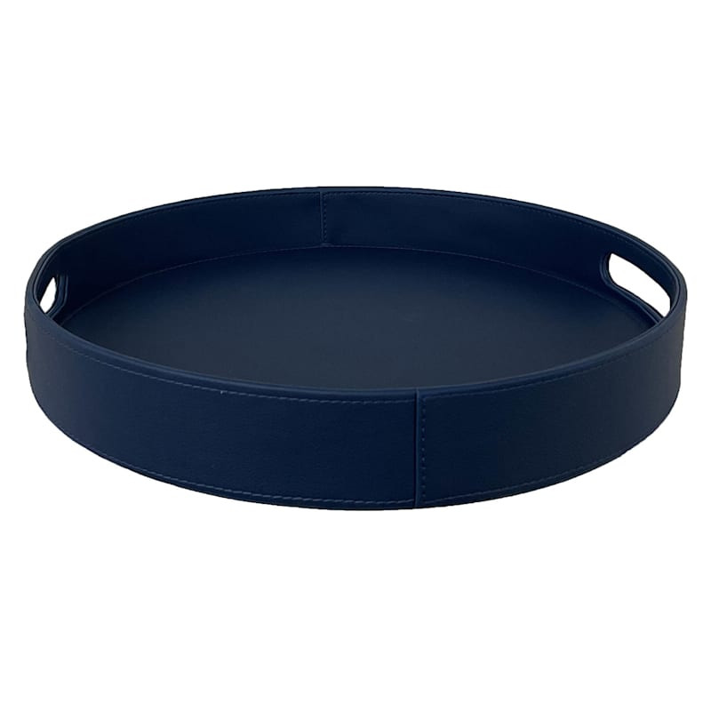 Providence Blue Round Faux Leather Tray, 14" | At Home