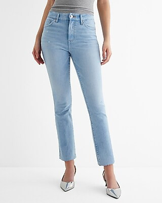 High Waisted Light Wash Raw Hem Flexx Cropped Flare Jeans | Express