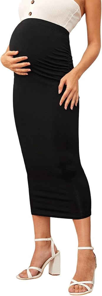 OYOANGLE Women's Maternity Skirt Over The Belly Elastic High Waisted Stretchy Ruched Bodycon Midi... | Amazon (US)