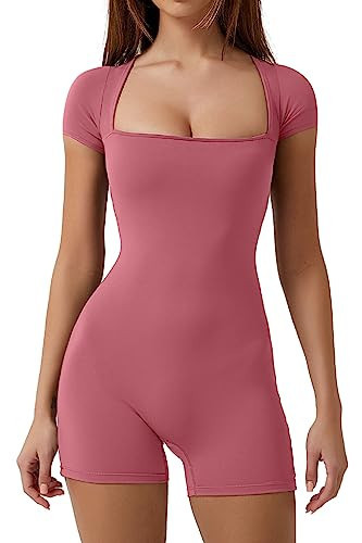 QISNEN Romper for Women Workout Seamless One Piece Jumpsuit Tummy Control Unitard Pink Flambe S | Amazon (US)