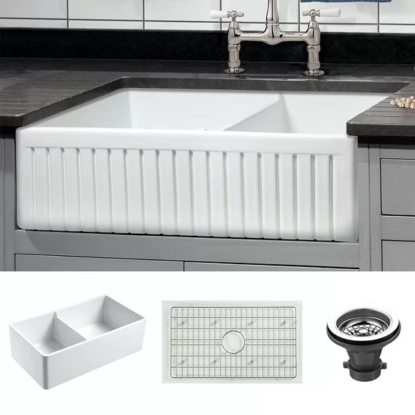 Dorn 33" L x 18" W Double Basin Farmhouse Kitchen Sink with Grid and Strainer | Wayfair North America