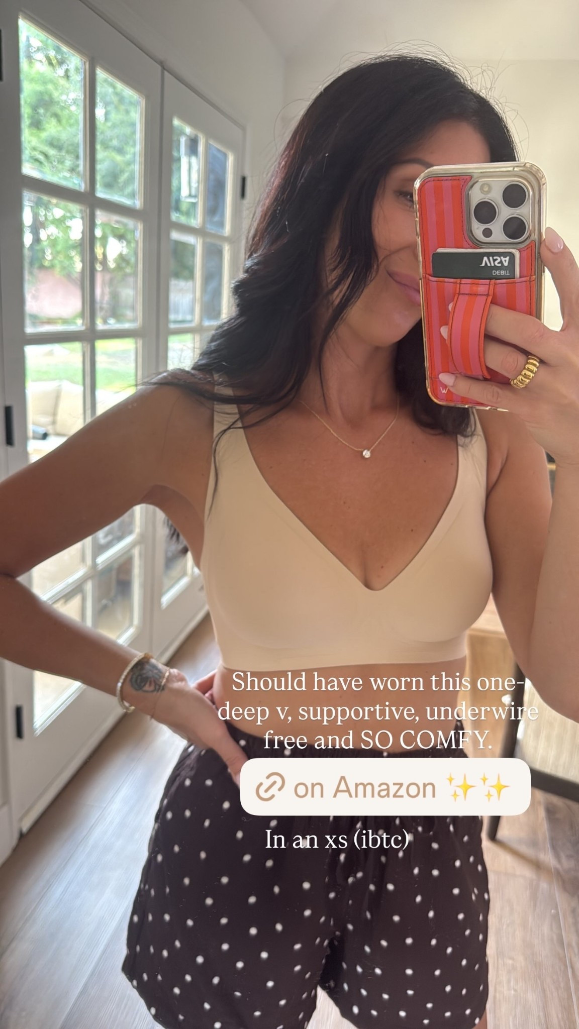 Should have worn this one- deep v, supportive, underwire free and SO COMFY.  In an xs (ibtc)