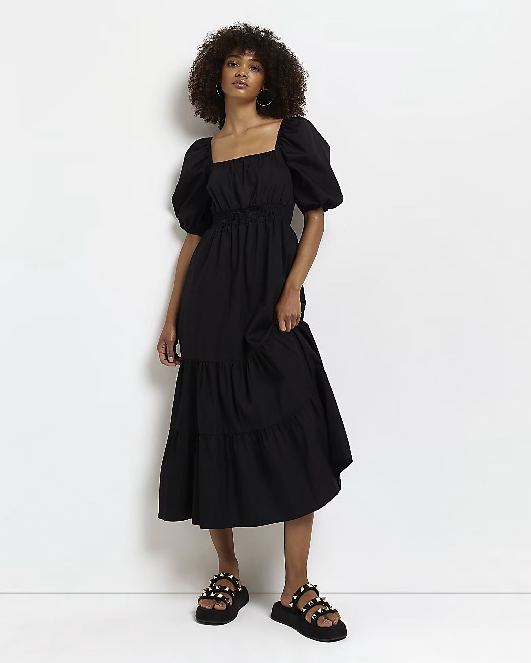 Black shirred smock midi dress | River Island (UK & IE)