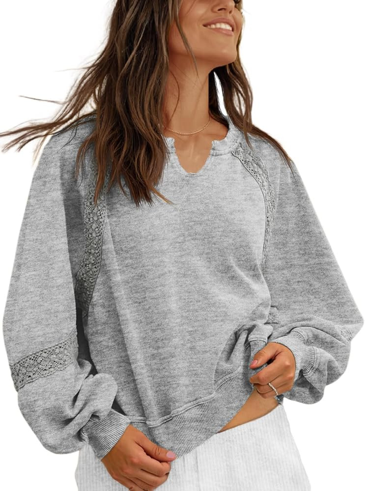 Fisoew Womens Casual Oversized Sweatshirt Cropped V Neck Lace Fall Tops | Amazon (US)