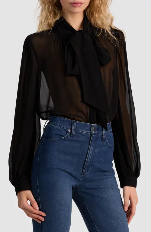 Alice + Olivia Brentley Tie Neck Sheer Long Sleeve Button-Up Shirt in Black at Nordstrom, Size X-Small | Nordstrom