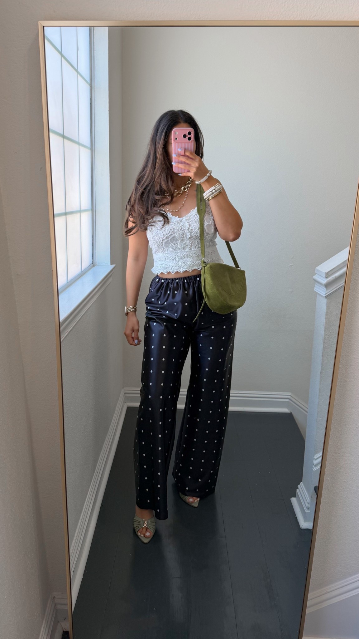 Chic spring outfit idea! Polka dot satin pants size small. Lace top size medium 

#LTKMidsize #LTKSeasonal #LTKootd