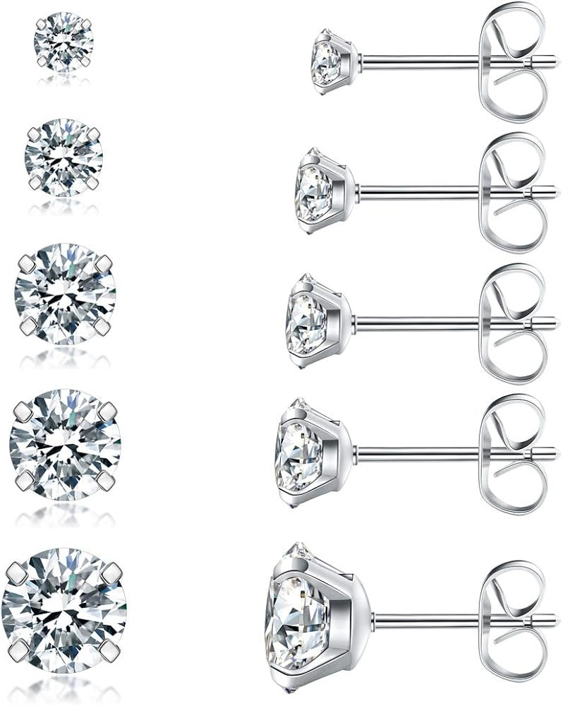 5 Pairs Stud Earrings Set, Hypoallergenic Cubic Zirconia 316L Earrings Stainless Steel CZ Earring... | Amazon (US)