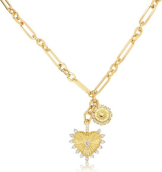 Chunky Gold Heart Necklaces for Women 18K Gold Plated Charm Necklace Sun Pendant Chain Jewelry. | Amazon (US)