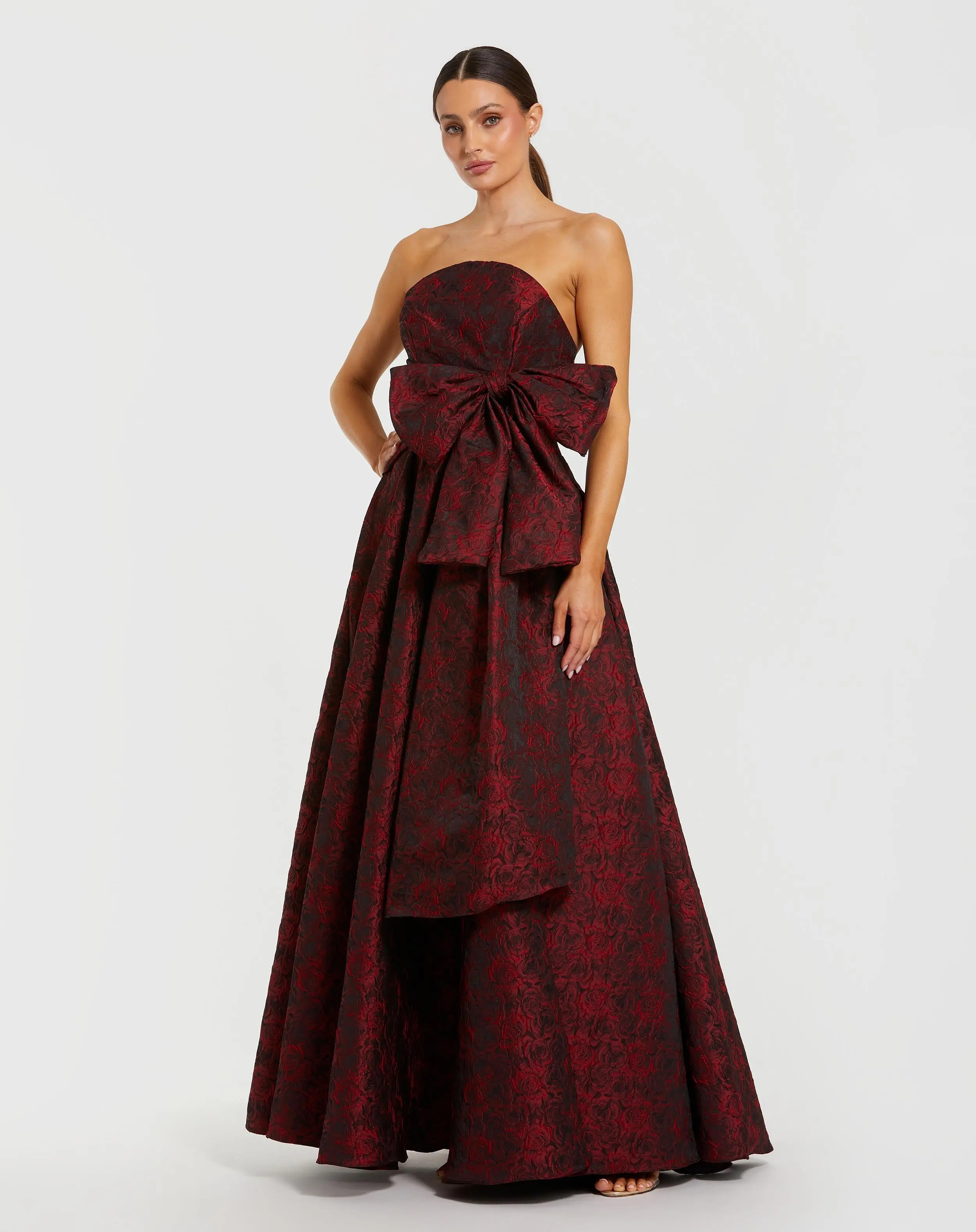 Red Floral Brocade Strapless Gown With Bow | Mac Duggal | Mac Duggal