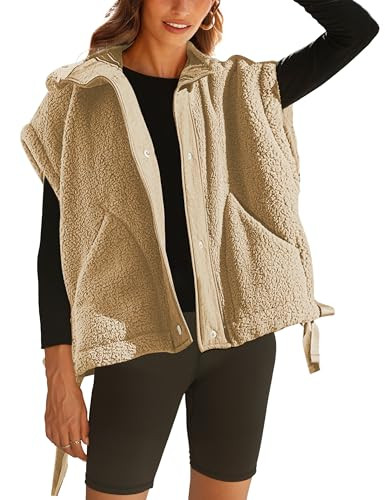TAQCUX Sherpa Jacket for Women Casual Fleece Vest Oversized Sleeveless Outwear Warm Button Down Gilet with Pockets(Khaki-XS) | Amazon (US)