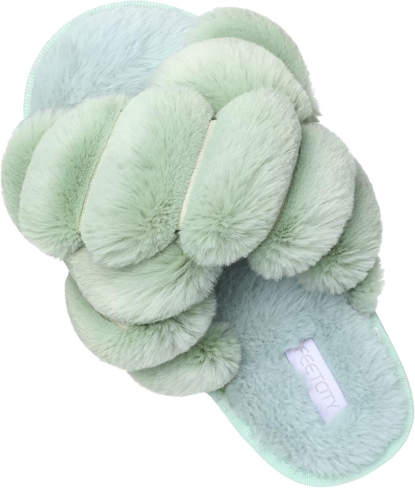 JIASUQI Women's Open Toe Slippers Fuzzy Fluffy House Slippers for Women Cozy Criss Cross Furry Sl... | Amazon (US)