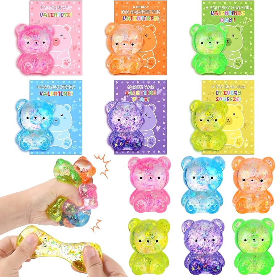 24 Pack Valentines Day Classroom Gifts for Kids, Cute Squishy Bear with Valentines Day Cards Glit... | Amazon (US)