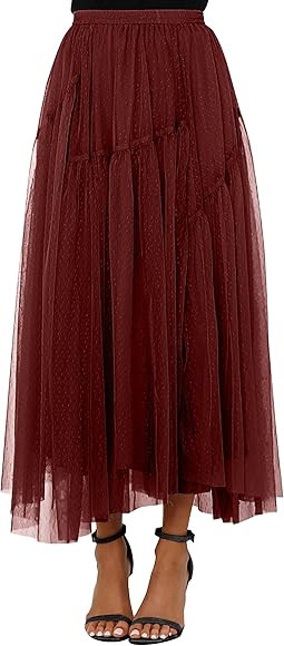 LUKYCILD Womens Tulle Skirt Midi Waist Stretchy A-Line Flowy Swing Tiered Formal Prom Party Mesh ... | Amazon (CA)