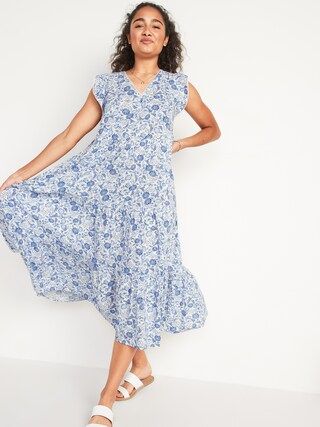 Tiered Floral-Print Midi Swing Dress for Women | Old Navy (US)