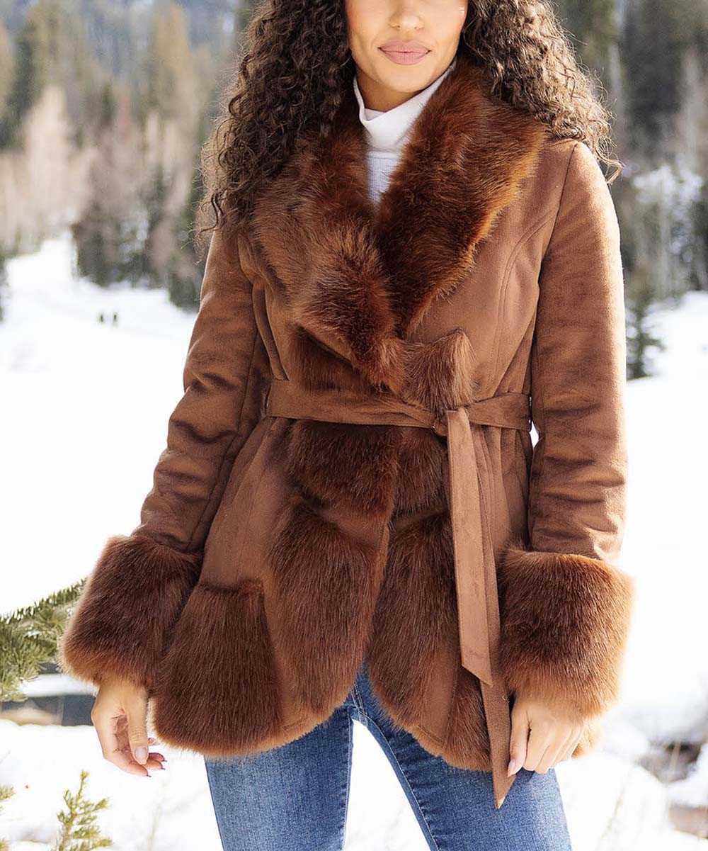Cognac Faux Fur & Faux Suede Highland Belted Coat - Women & Plus | Zulily