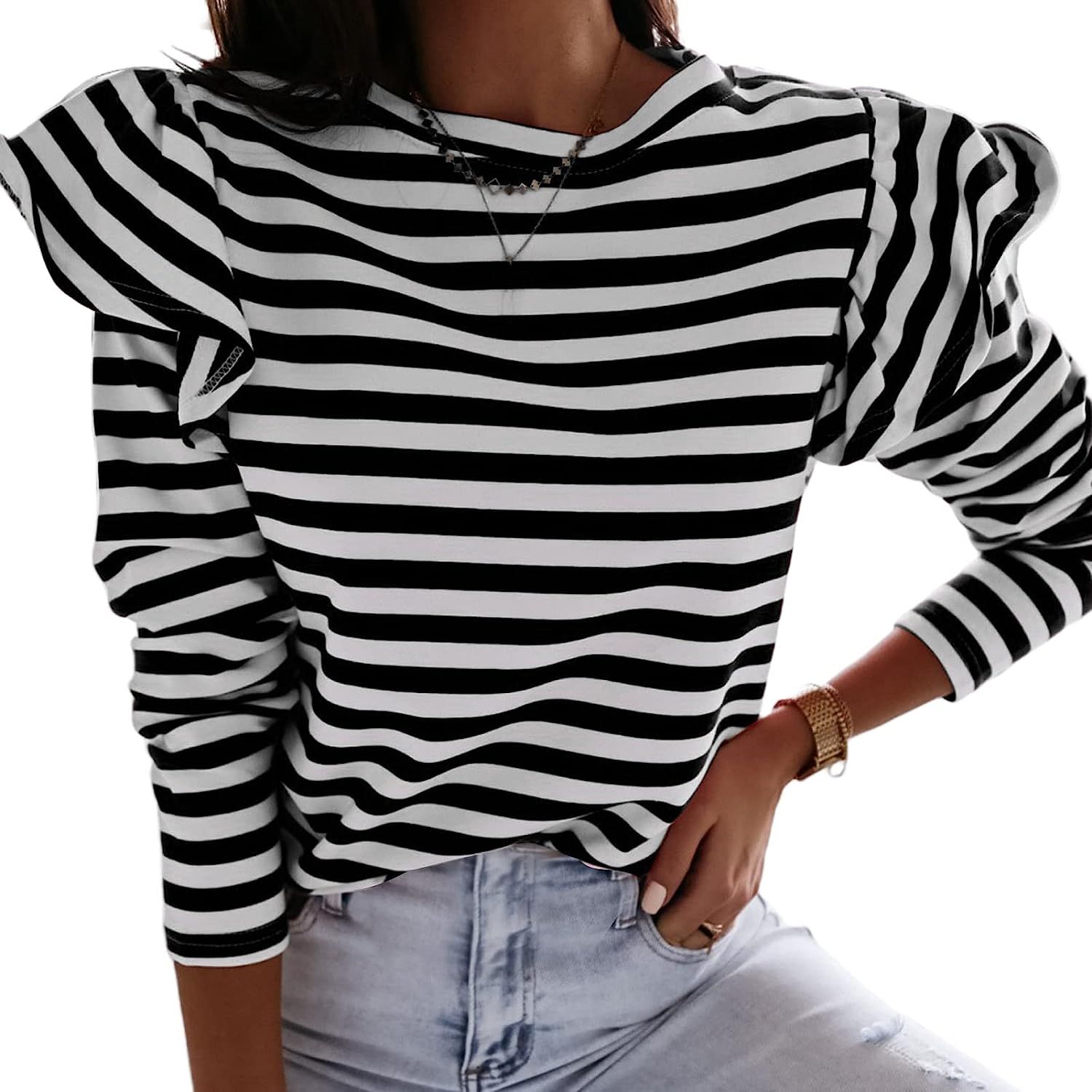 LilyCoco Women's Long Sleeve Striped Shirts Ruffle Sleeve Tops Dressy Fall T-Shirt | Amazon (US)