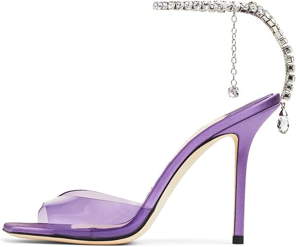 BlingQueen Women's Heeled Sandals Crystal Chain Ankle Strap Rhinestone Buckle Square Open Toe Sti... | Amazon (US)