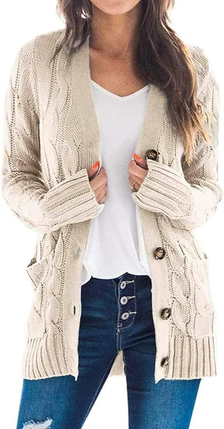 PRETTYGARDEN Women's Long Sleeve Open Front Knitted Cardigan Sweater Button Down Chunky Outwear C... | Amazon (US)