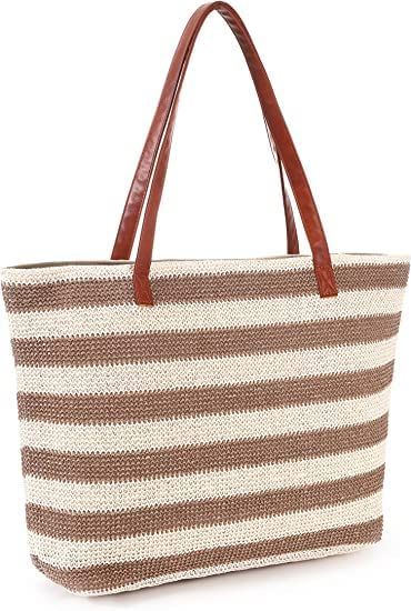 Genovega Stripe and Stitchwork Straw Tote Beach Bag with Zipper, Perfect for Beach Travel Shoppin... | Amazon (US)