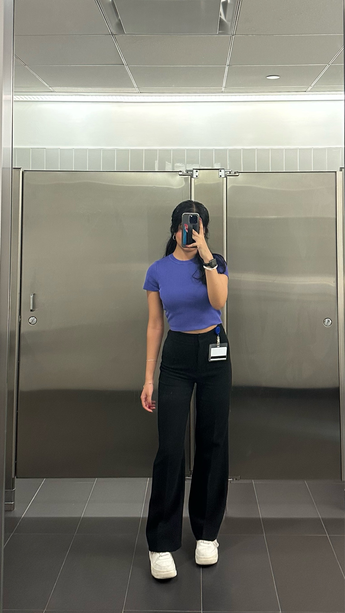 business casual outfit | short sleeve purple top (zara 3519/025), black dress pants, white sneakers

#LTKstyletip #LTKworkwear