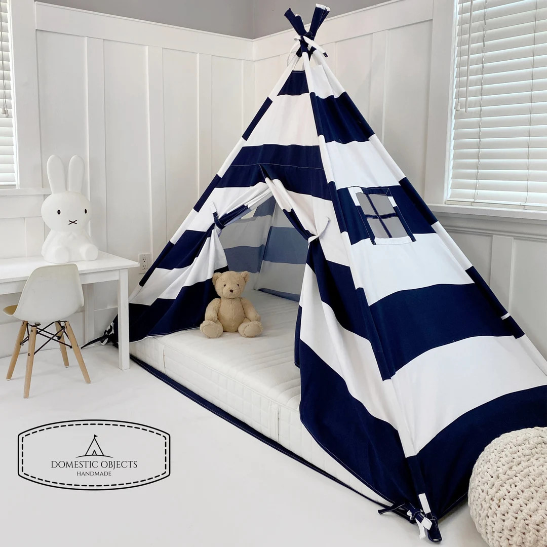 Play Tent Canopy Bed in Navy Blue and White Stripe WITH Doors - Twin | Montessori Floor Bed | | Etsy (US)