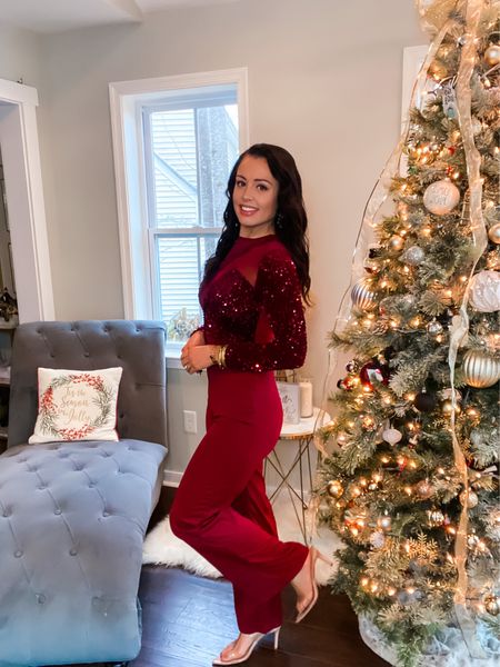 Under $50 amazon burgundy sequin jumpsuit (small, 5+ colors) this is so fun for the holiday season and the black version would be great for New Year’s Eve! Under $40 clear pointed toe heels (tts) #founditonamazon 

#LTKwedding #LTKHoliday #LTKunder50