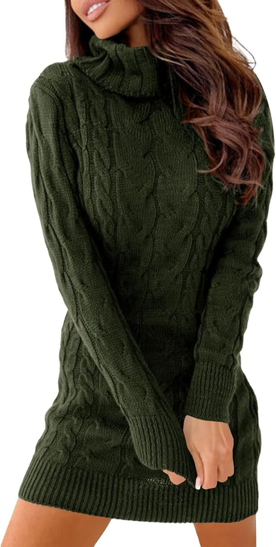 Langwyqu Womens Cable Knit Sweater Dress Sexy Long Sleeve Bodycon Turtleneck Mini Fall Sweaters D... | Amazon (US)