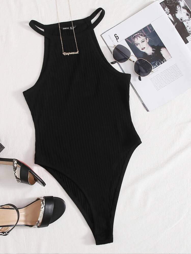 SHEIN Rib-knit Halter Bodysuit | SHEIN