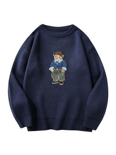 SHENHE Men's Oversized Crew Neck Cute Bear Sweater Vintage Unisex Preppy Graphic Sweater Jumper Deep Blue Large | Amazon (US)