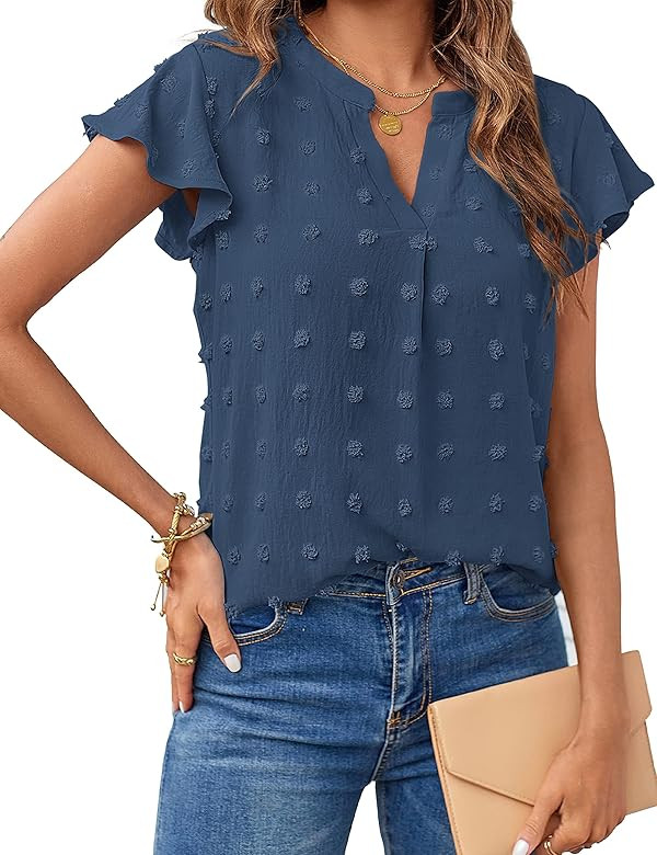 MEROKEETY Women 2023 Summer V Neck Ruffle Short Sleeve Blouse Swiss Dot Flowy Shirt Tunic Top | Amazon (US)