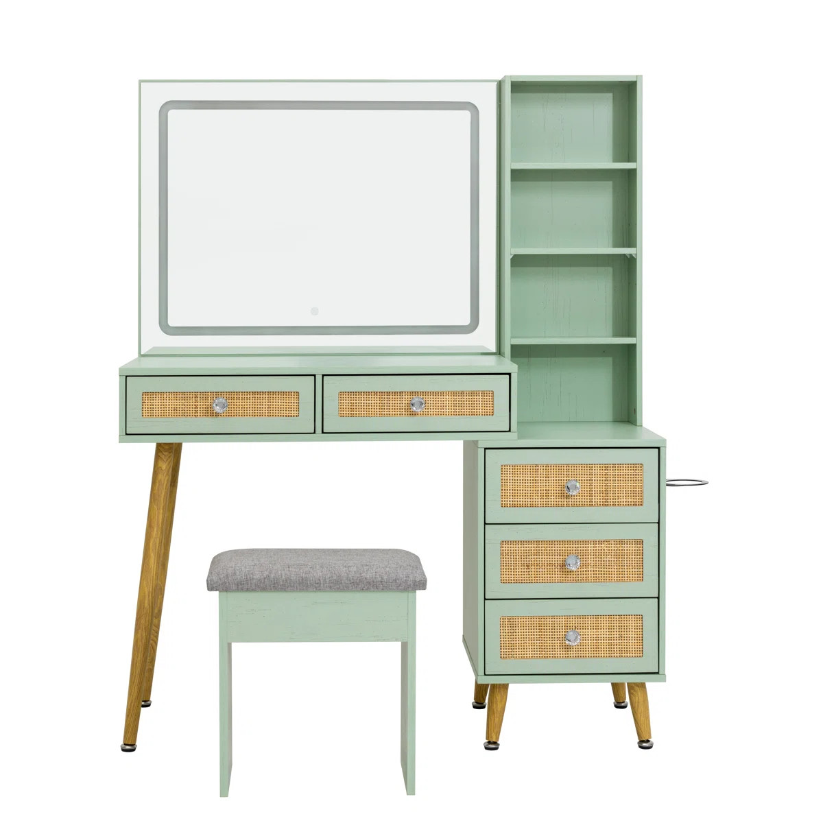 Boho Natural Rattan 43.3'' Wide Vanity With Led Mirror And Stool | Wayfair North America