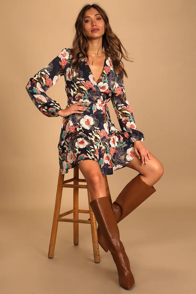So Splendid Navy Blue Floral Satin Long Sleeve Wrap Dress | Lulus (US)