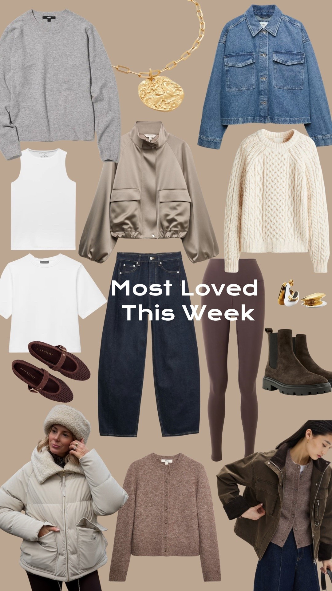 Satin bomber jacket, technical jacket, dark blue barrel jeans, cable knit jumper, brown suede boots, mesh ballet flats, utility jacket, white T-shirt, denim shirt, brown leggings 

#LTKwinter #LTKFashionMonth #LTKuk