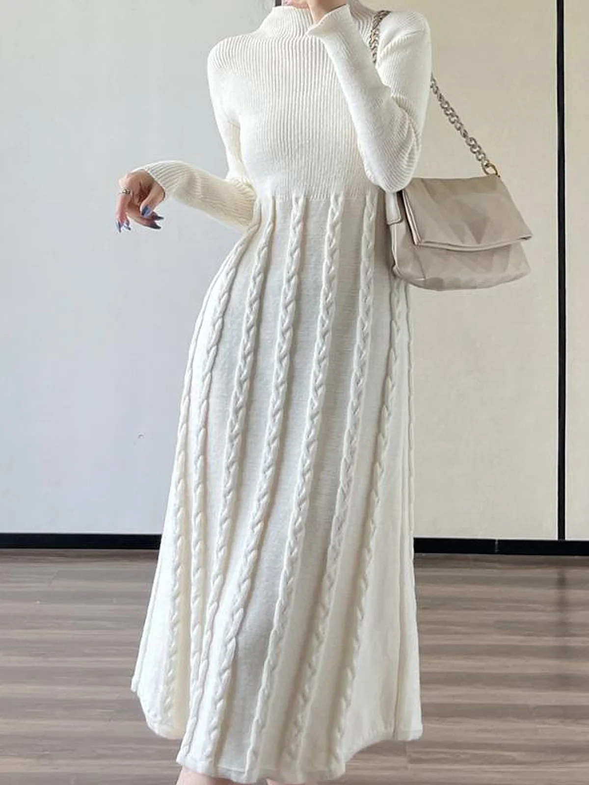 Regular Fit Elegant Plain Stand Collar Long Sleeve Sweater Maxi Dress | Stylewe