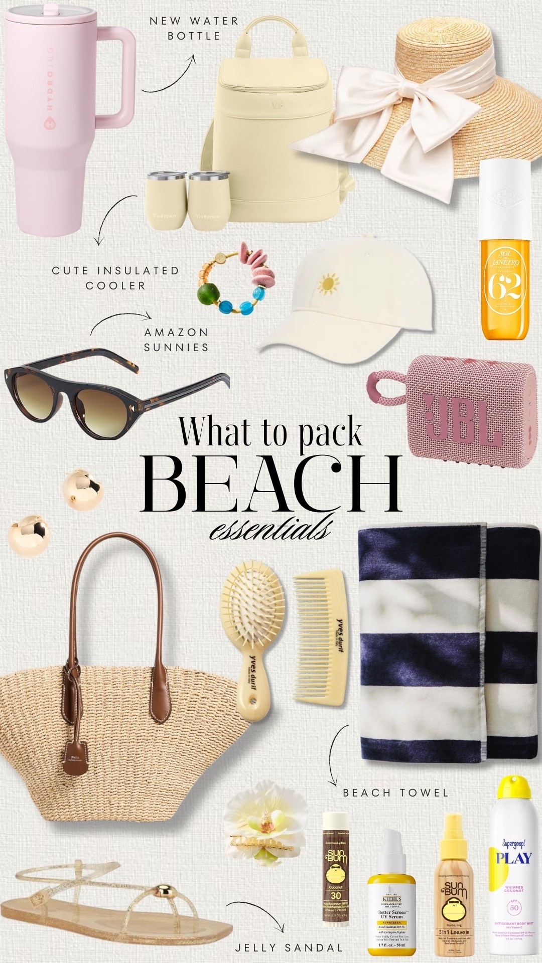 What to pack: Beach Essentials 
Sunglasses, beach bag, beach towel, water bottle, cooler, sun hat, hair accessories, body mist, speaker, jelly flats, sunscreen, sunbum 

#LTKSeasonal #LTKU #LTKSwim