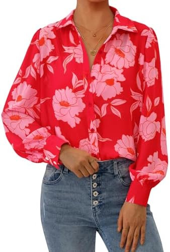 PRETTYGARDEN Women's Floral Blouses Dressy Casual V Neck Button Down Shirts Lantern Long Sleeve B... | Amazon (US)