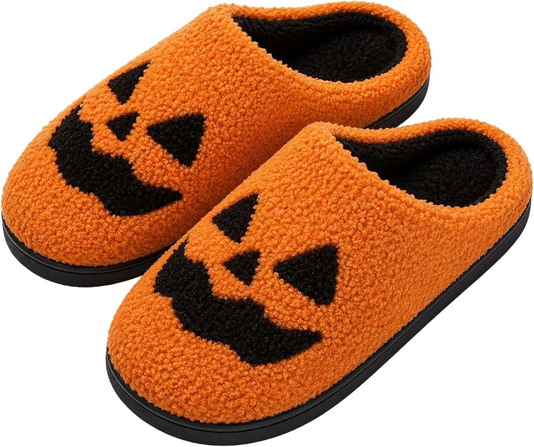 Halloween Slippers for Men Women Fluffy Plush Warm House Slippers with Ghost Pumpkin Bat Design N... | Amazon (US)