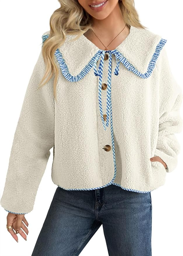 Tankaneo Womens Fuzzy Fleece Jacket Peter Pan Collar Button Down Fall Winter Sherpa Coats Colorbl... | Amazon (US)