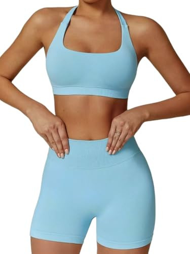 Workout Sets for Women 2 Piece Seamless Halter Sport Bra High Waist Shorts Exercise Gym Yoga Outfits (blue, medium) | Amazon (US)