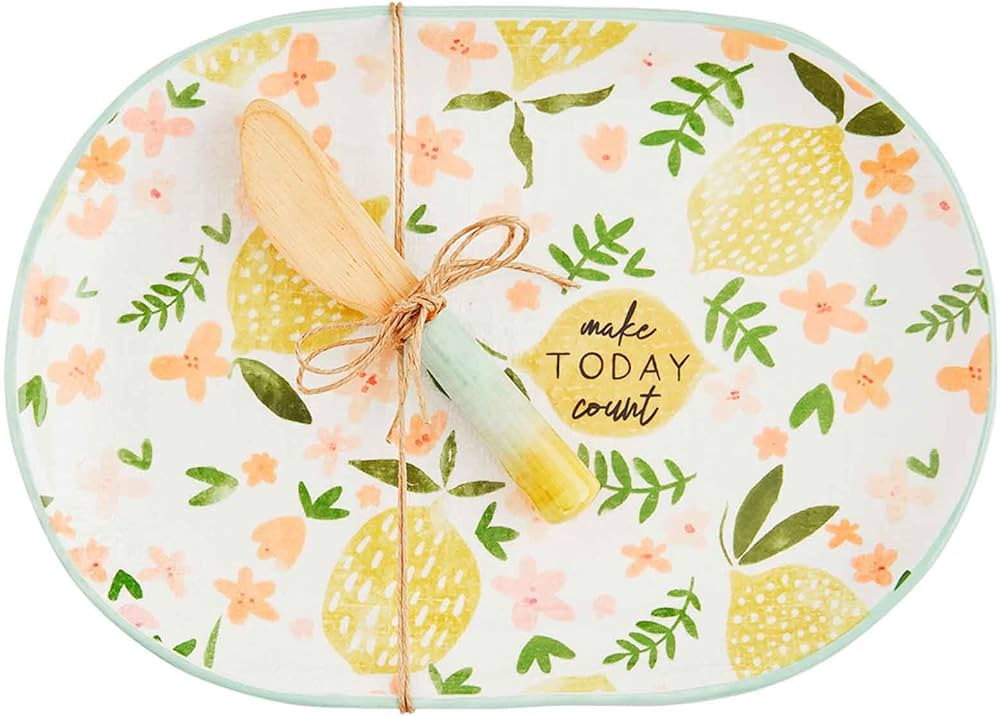 Mud Pie Lemons Dolomite 10" x 7" Rectangular Ceramic Cheese Platter, 5.75" Spear | Amazon (US)