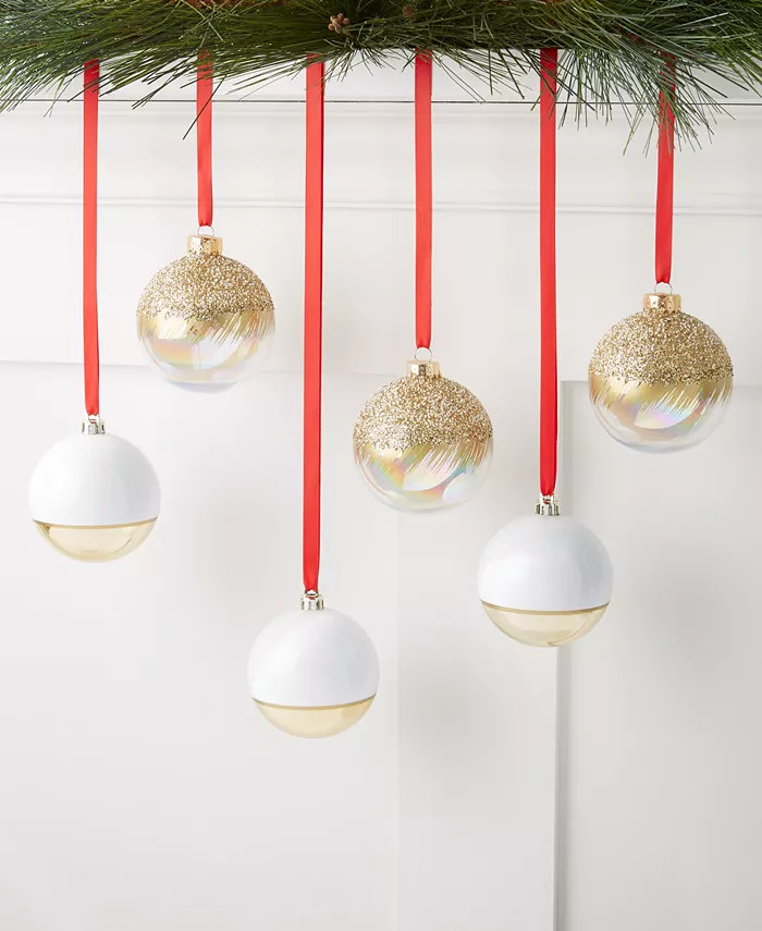 Shine Bright 6-Pc. Gold-Tone and White Set of Ball Ornaments with a Decorated Finish, Created for... | Macys (US)