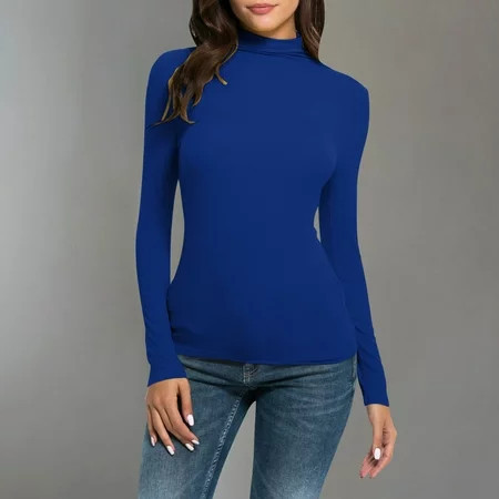 Bnwani Blue Turtle Neck For Women 2024 Fashion Womens Solid Color Turtleneck Long Sleeve Knitting Tshirt Slim Blouse Tops | Walmart (US)