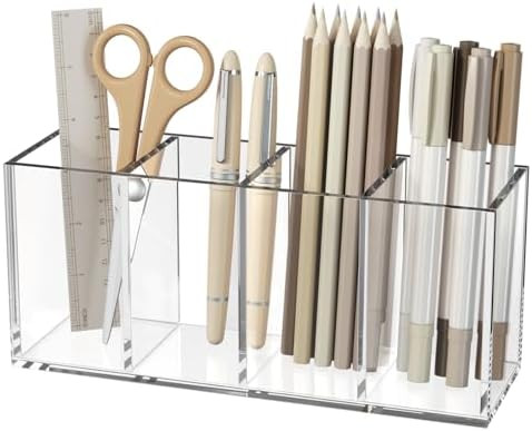 NIUBEE Acrylic Pen Holder 4 Compartments, Clear Pencil Organizer Cup for Countertop Desk Accessor... | Amazon (US)