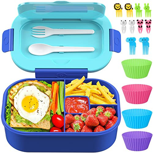 TIME4DEALS Kids Bento Lunch Box Leakproof Lunch Box with 4 Compartments Lunch Containers with Tableware Kids Bento School Lunch Boxes with Container 44oz, Microwave Dishwasher Freezer Safe (Blue) | Amazon (US)